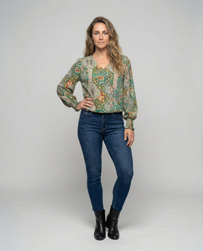 Damen V-Ausschnitt-Bluse Große Größen Boho-Paisley
