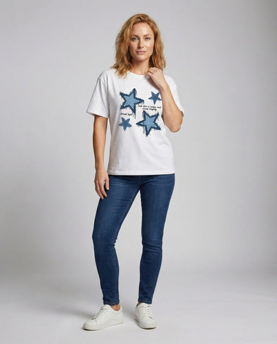 Damen T-Shirt Weit Denim-Herz Fransen