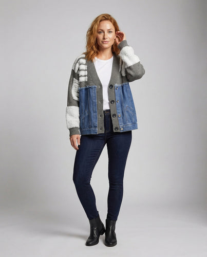 Damen Strick-Jeans-Cardigan Weit V-Ausschnitt Taschen