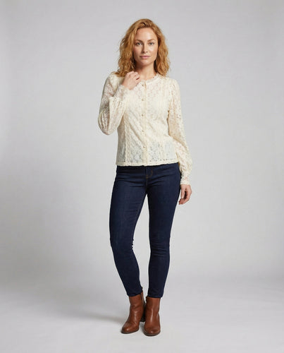 Damen Spitzenbluse Zart Knopfleiste Tailliert