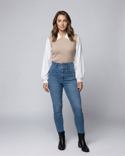Damen Hemdbluse Zweilagig Rippstrick V-Ausschnitt