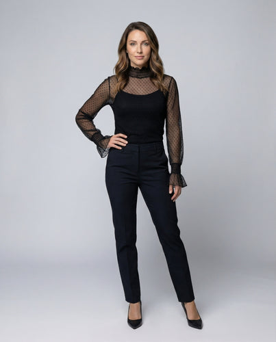 Damen Mesh-Bluse Zweilagig Rüschen Stehkragen