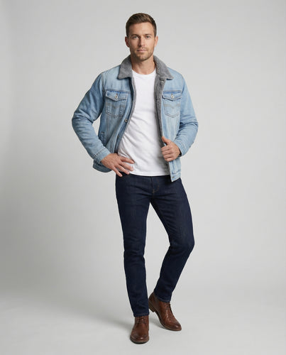 Herren Denim-Truckerjacke Gefüttert Teddy