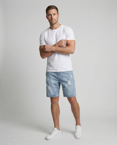 Herren Denim-Bermuda Knielang Riss Fünf-Taschen