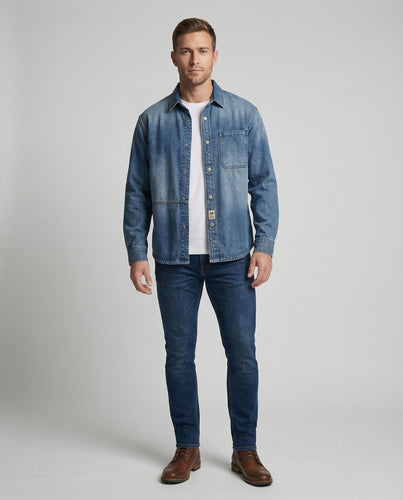 Herren Jeans-Überhemd Lässig Druckknöpfe Brusttasche