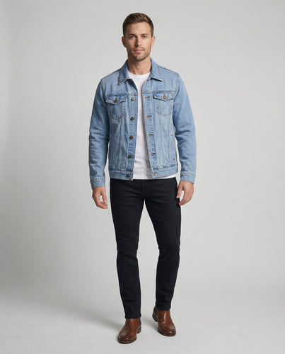 Herren Worker-Denimjacke Puristisch Abnäher Druckknöpfe