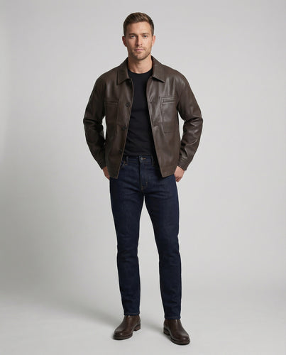 Herren Kunstleder-Workerjacke Weit Brusttaschen