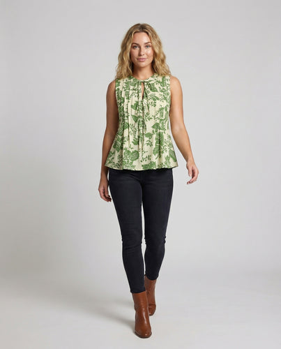 Damen Florales Leinentop mit Kellerfalten
