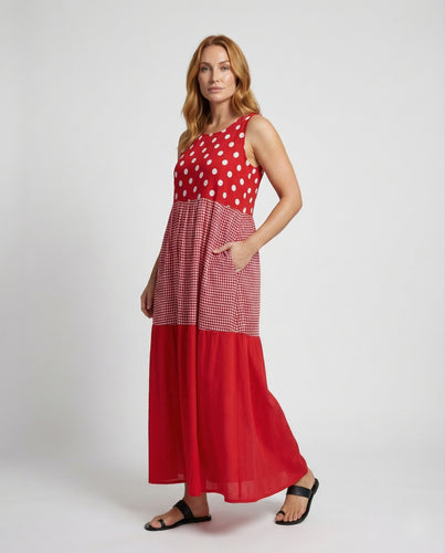 Damen Stufen Maxikleid mit Punkt-Streifen-Mix