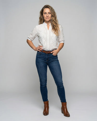 Damen Bestickte Ajour-Bluse mit Stehkragen