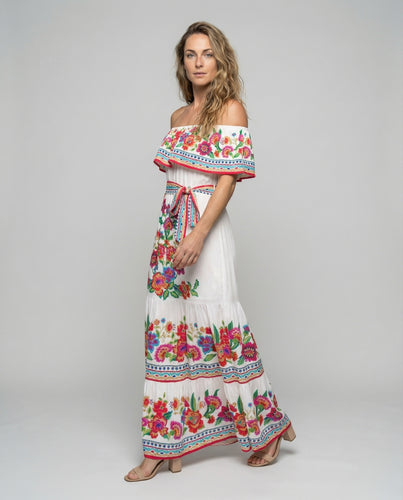 Damen Carmen Maxikleid mit Blumenbordüre