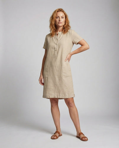 Damen Leinen Hemdkleid mit Hüfttaschen