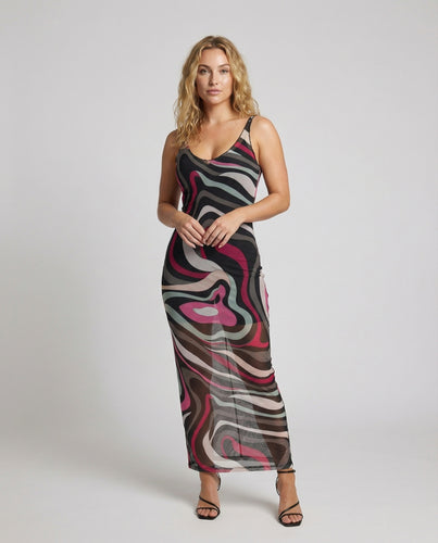 Damen Slip Maxikleid mit Wellenprint