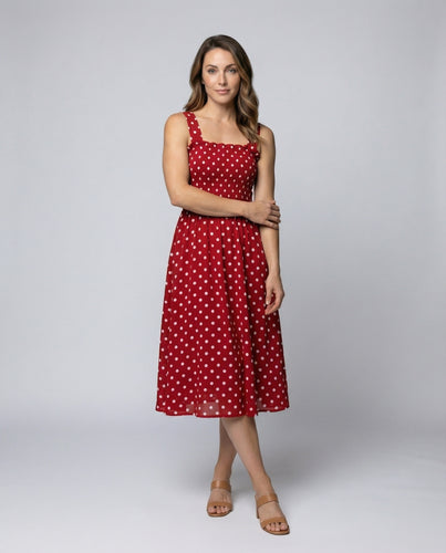 Damen Gepunktetes Gesmoktes A-Linien Midikleid