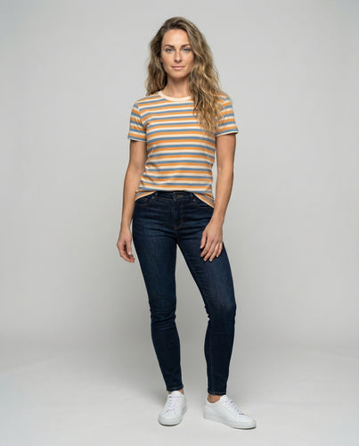 Damen Gestreiftes Kurzarm Baumwollmix Shirt