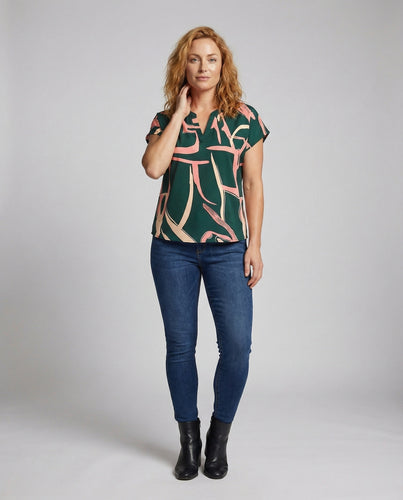 Damen Kurzarm Printbluse in Satin-Optik