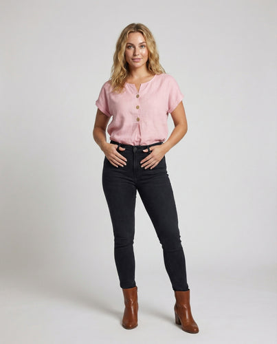 Damen Leinenlook Kurzbluse mit Holzknopf