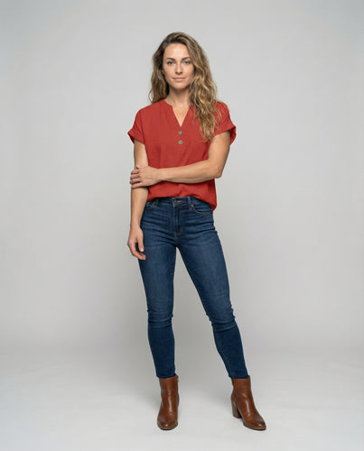 Damen Leinenoptik V-Schlitz Tunikahemd