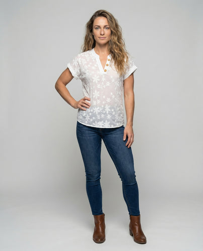 Damen Blumenjacquard V-Ausschnitt Blusenshirt