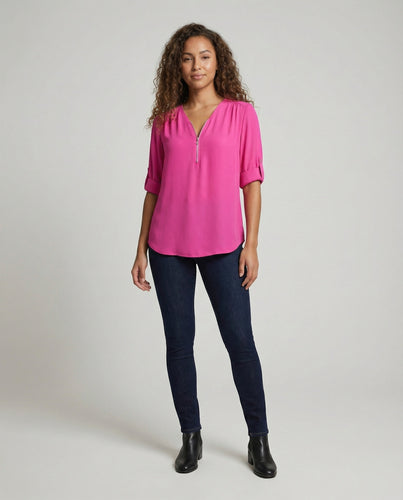 Damen Reißverschluss V-Ausschnitt Blusenshirt