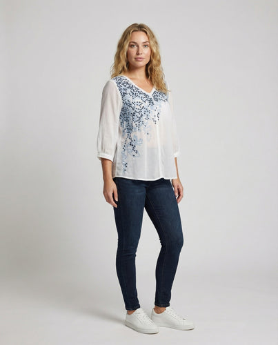 Damen Bestickte Chiffonbluse mit V-Ausschnitt