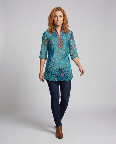 Damen Bestickte V-Ausschnitt Chiffontunika