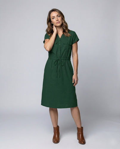 Damen Leinenmix Tunnelzug Hemd-Midikleid