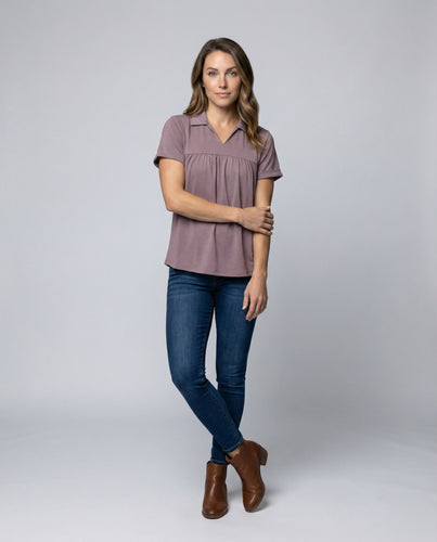 Damen V-Ausschnitt Raffung Poloshirt