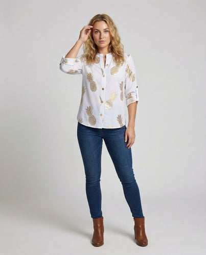 Damen Ananasprint Stehkragen Bluse