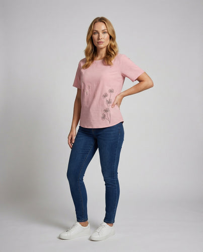 Damen Besticktes Pusteblume Kurzarmshirt