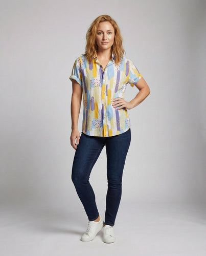 Damen Marmor-Print Kurzarm-Hemdbluse