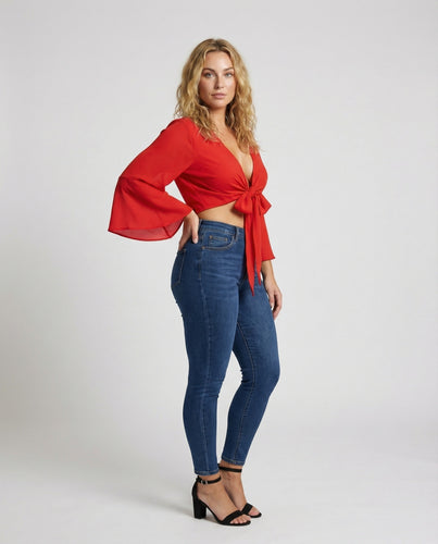 Damen Chiffon Trompetenärmel Überwurfbluse