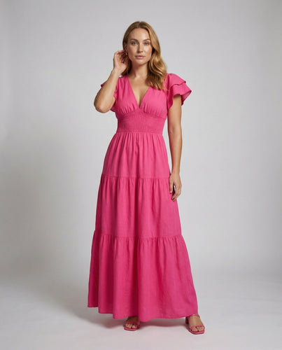 Damen Smok-Taille Volantärmel Stufenmaxikleid