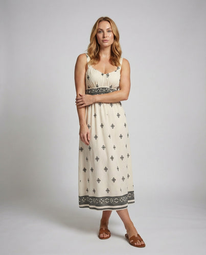 Damen Ethno-Bordüre Smok-Taille Maxikleid
