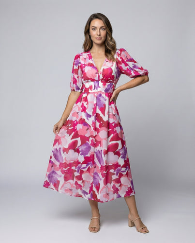 Damen Geometrisches Ballonärmel Midikleid