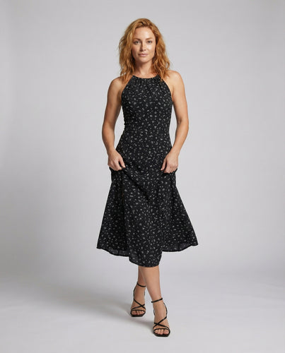 Damen Hoher Rundhalsausschnitt Schlitz-Midikleid