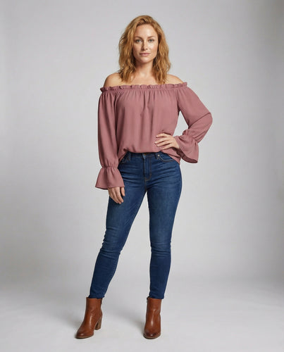 Damen Schulterfreie Rüschenkragen Baumwollmix-Bluse