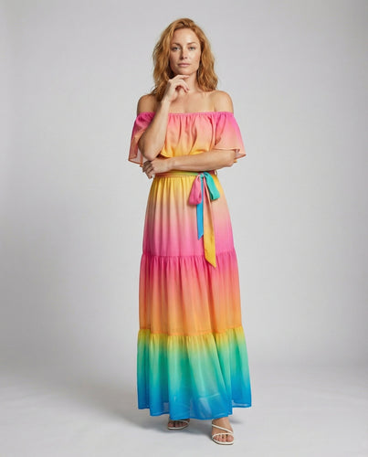Damen Schulterfreies Boho Stufen-Maxikleid
