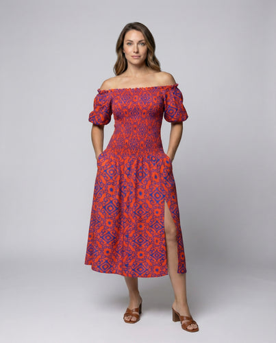 Damen Schulterfreies Smok-Midikleid