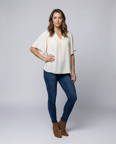 Damen Flatterärmel V-Schlitz Tunika