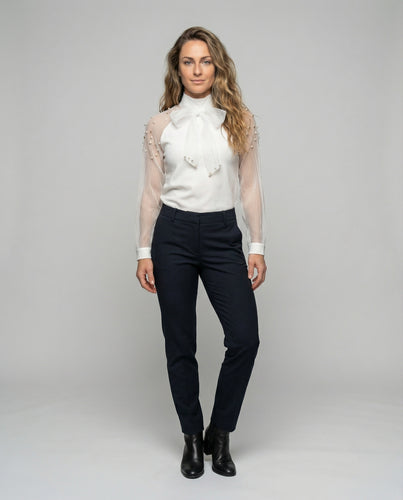 Damen Schluppen Plisseeärmel Stehkragenbluse