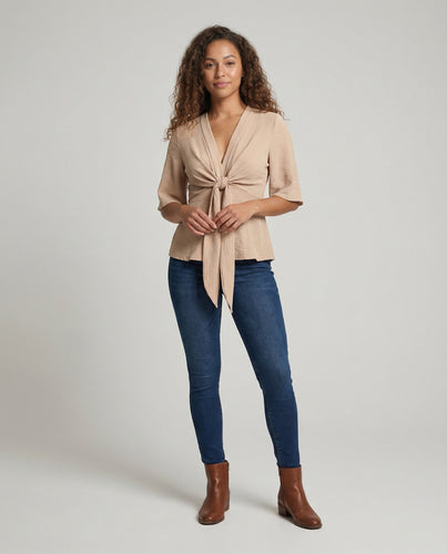 Damen Crinkle Knotentunika mit V-Ausschnitt