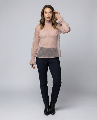 Damen Dobby-Punkt Mesh Stehkragenbluse