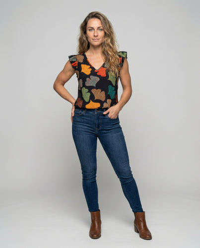 Damen Ginkgo-Blattprint Volantärmel Bluse