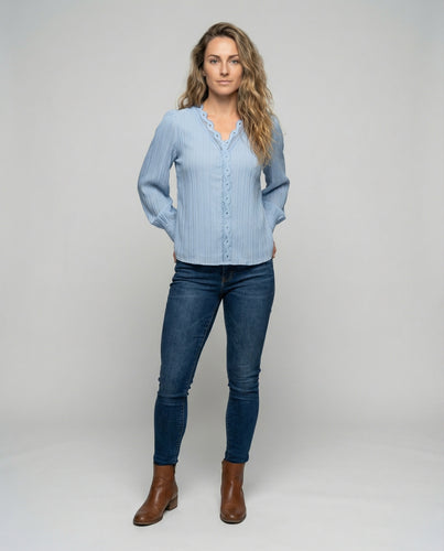 Damen Plissierte V-Ausschnitt Spitzenbluse
