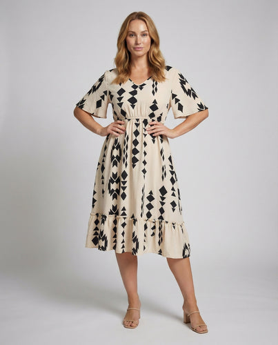 Damen nan A-Linien-Midikleid für große Größen mit geometrischem Ethno-Print, V-Ausschnitt, geraffter Empire-Taille und Volant-Saum R&B