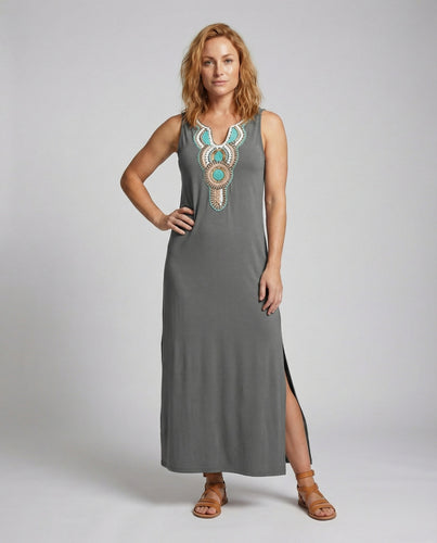 Damen nan ärmelloses Maxikleid mit besticktem V-Ausschnitt, lockerer Sommerpassform und hohem Seitenschlitz R&B