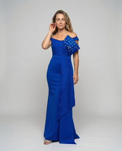 Damen nan asymmetrisches Ein-Schulter-Meerjungfrauen-Abendkleid mit Spitzenpaneel und Perlenapplikation R&B