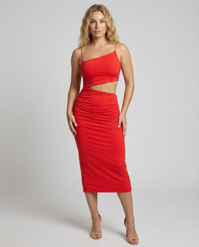 Damen nan asymmetrisches Maxikleid mit Taillen-Cut-out, Spaghettiträgern und geraffter Seitenpartie R&B