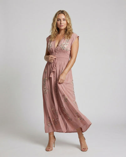 Damen nan besticktes bodenlanges Strandkleid mit Smokbund, V-Ausschnitt und Spitzeneinsatz R&B
